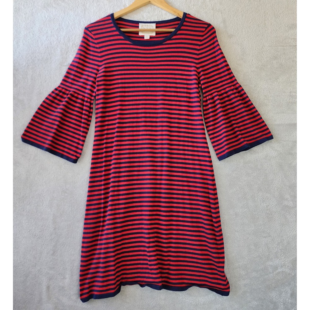 Sail to Sable Red Navy Blue Stripe Bell Sleeve Knit Dress Womens Size Medium STS